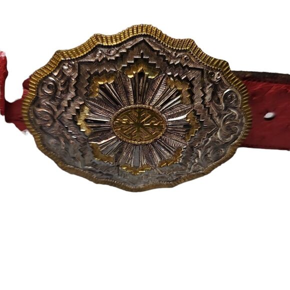 Crumine Silver Plate Bronze Floral Buckle with Leather Belt